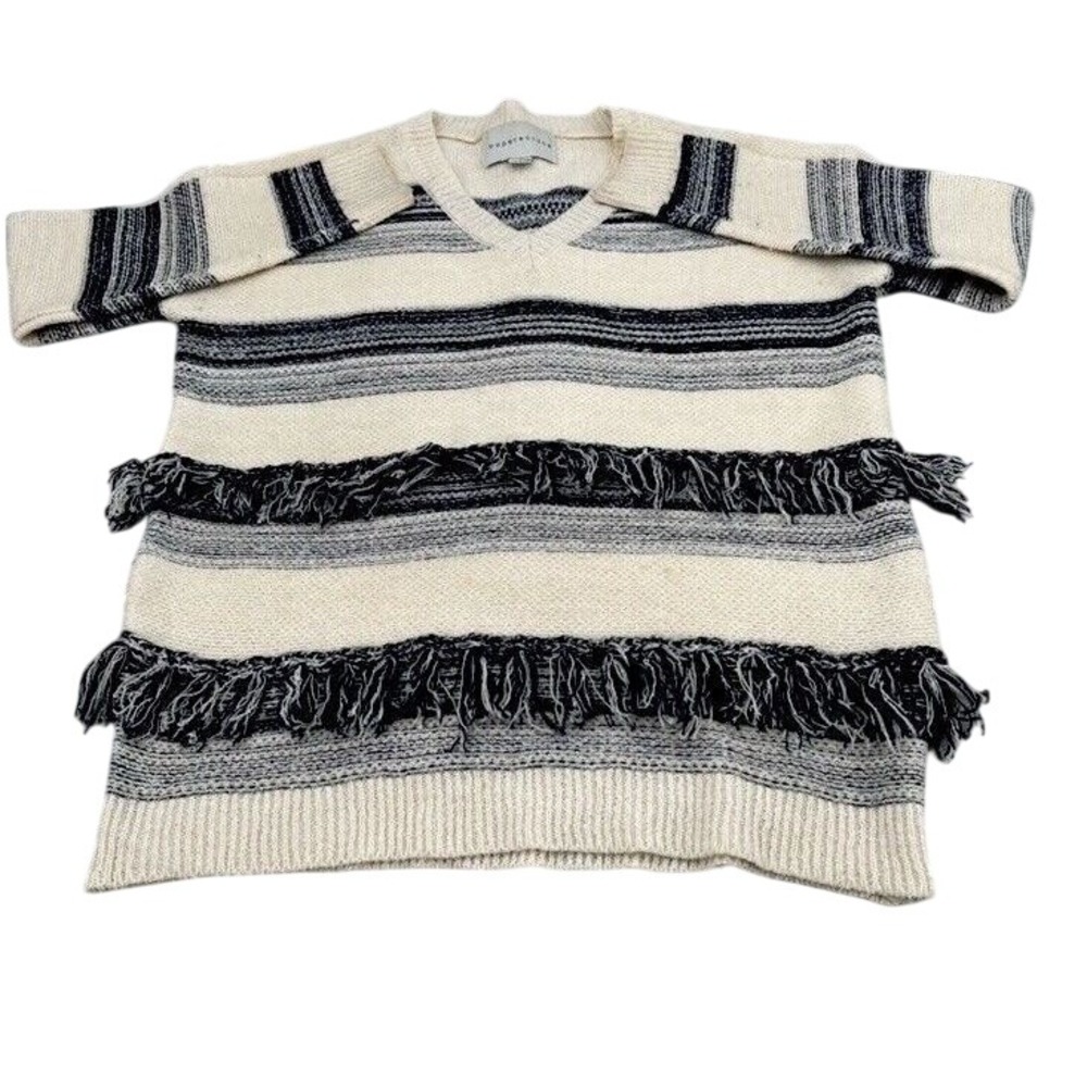 Paper Crane Anthropologie‎ Womens Size Small Cream Navy V Neck Fringe Sweater